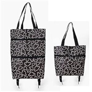 Foldable shopping bag with wheels reusable tote black and white